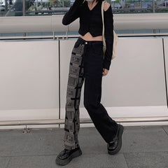 E-Girl Outfit Schwarze Jeans mit hoher Taille und Patchwork