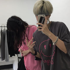 Camiseta extragrande rosa y gris con estampado de sonrisa estética de Egirl