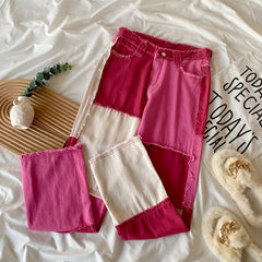 Egirl Pinke gerade Hose mit Farbblock-Nähten und Fransen