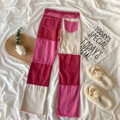 Egirl Pinke gerade Hose mit Farbblock-Nähten und Fransen