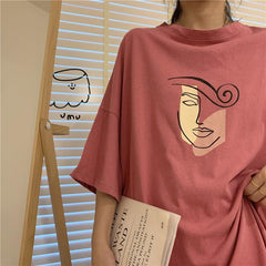 Camiseta extragrande con estampado de líneas abstractas de dibujo facial