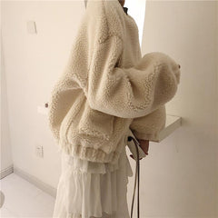 Chaqueta exterior de felpa rizada, holgada y cálida de piel sintética