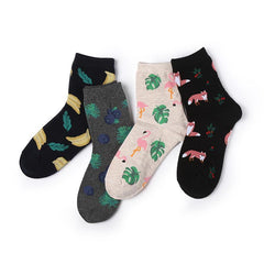 Calcetines con estampado de hojas de plátano y bordado de flamencos