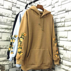 Blumen Stickerei Ärmel Khaki Schwarz Grau Hoodie