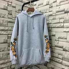 Blumen Stickerei Ärmel Khaki Schwarz Grau Hoodie