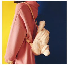 Flauschiger Hasenspielzeug-Rucksack aus Kunstfell, Rosa/Schwarz