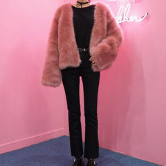 Chaqueta de abrigo de piel sintética rosa con pelo esponjoso