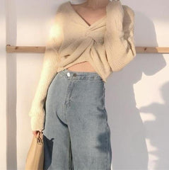 Suéter de manga larga de punto con nudo de lazo delantero