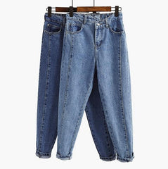 Vaqueros boyfriend azules extragrandes con costura en la parte delantera