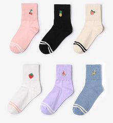 Calcetines bordados con frutas, fresa, melocotón, piña y plátano