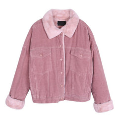 Full Colored Corduroy Faux Lamp Collar Buttons Outwear Jacket