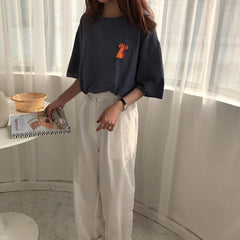 Camiseta holgada de cuello redondo con estampado de dibujos animados y letras divertidas