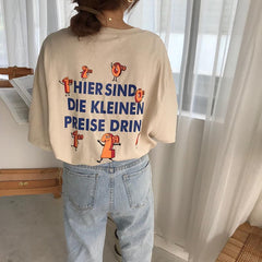 Camiseta holgada de cuello redondo con estampado de dibujos animados y letras divertidas