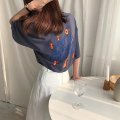 Camiseta holgada de cuello redondo con estampado de dibujos animados y letras divertidas