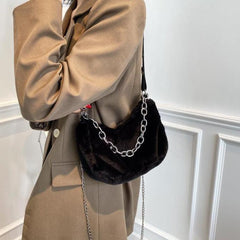 Bolso de cadena metalizado plateado Ulzzang de peluche peludo