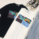 Camiseta holgada blanca y negra con estampado de letras galácticas