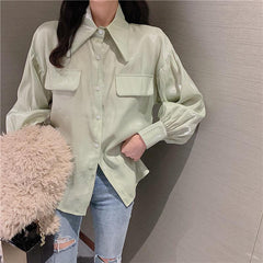 Blusa de gasa coreana con mangas abullonadas y brillo
