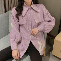 Blusa de gasa coreana con mangas abullonadas y brillo