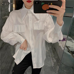 Blusa de gasa coreana con mangas abullonadas y brillo