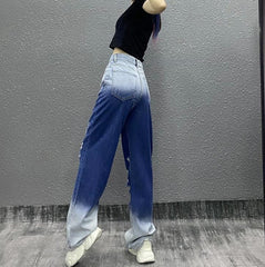Gradient Blue Ripped 90S Style High Waist Loose Jeans