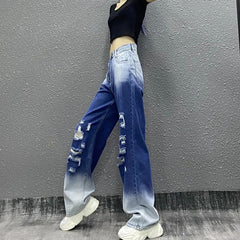 Gradient Blue Ripped 90S Style High Waist Loose Jeans