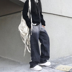 Weite Jeans mit Farbverlauf und hoher Taille in verwaschenem Grau