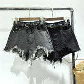 Gray And Black Ripped Off Edge Denim Shorts