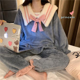 Gray Navy Blue Sailor Suit Fleece Plush Loose Pajama Set