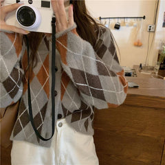 Cárdigan de mohair de punto con estampado de rombos retro en gris y rosa