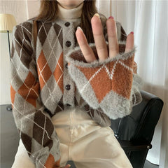 Cárdigan de mohair de punto con estampado de rombos retro en gris y rosa