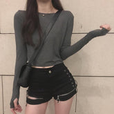 Gray Pink Striped Petite Clothing Thin Cropped Shirt