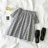 Gray Plaid Flared Down Shoulders Top