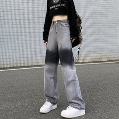 Graue Retro-Jeans mit Batik-Patches und hoher Taille