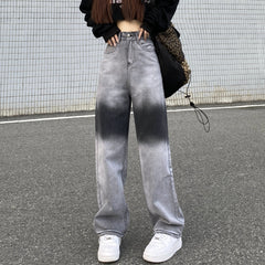 Graue Retro-Jeans mit Batik-Patches und hoher Taille