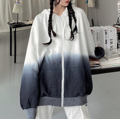 Grau-weißer, ästhetischer Oversize-Hoodie mit Reißverschluss und Farbverlauf