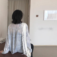 Grayish Blue Retro Pattern 90S Aesthetic Loose Shirt