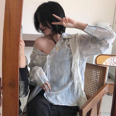 Grayish Blue Retro Pattern 90S Aesthetic Loose Shirt