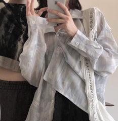 Grayish Blue Retro Pattern 90S Aesthetic Loose Shirt