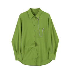 Green Aesthetic Chain Metal Pin Casual Loose Shirt