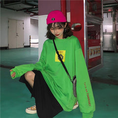 Green Black Cyrillic Letters Print Loose Long Sleeved Shirt