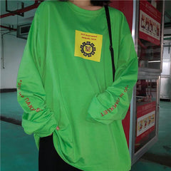 Green Black Cyrillic Letters Print Loose Long Sleeved Shirt