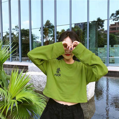 Green Black Long Sleeve Crop Loose Sweatshirt