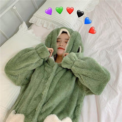 Green Pink Rabbit Ears Hood Soft Plush Loose Pajama Set