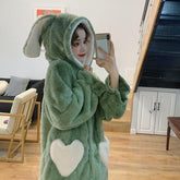 Green Pink Rabbit Ears Hood Soft Plush Loose Pajama Set