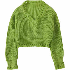 Suéter holgado corto de punto con estética vintage en verde y blanco