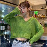 Green White Vintage Aesthetic Knit Cropped Loose Sweater
