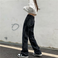 Grunge-Ästhetik-Karomuster-Jeans mit hoher Taille