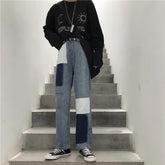 Grunge Blue Patches High Waist Straight Denim Jeans