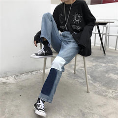 Grunge Blue Patches High Waist Straight Denim Jeans