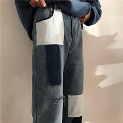 Grunge Blue Patches High Waist Straight Denim Jeans